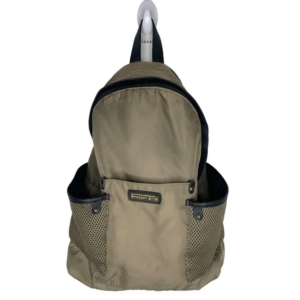Madden Girl Olive Green Backpack With Mesh Pockets & Leather Trim